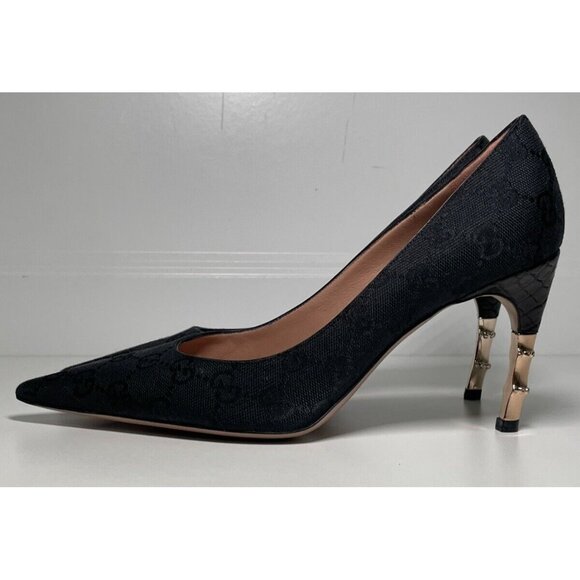 Gucci Monogram Bamboo Heel Pumps Authentic Black GG Canvas NEW Size 36 C - Picture 1 of 11